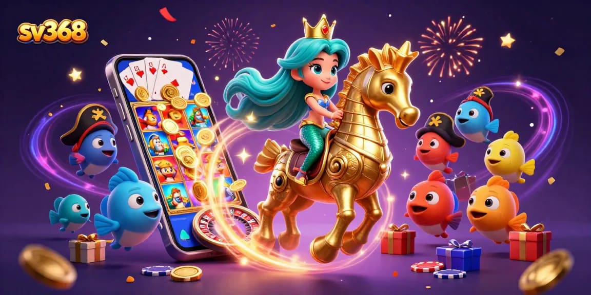 Engage with sv368's vibrant casino scene featuring a mermaid princess amid dynamic gaming elements.