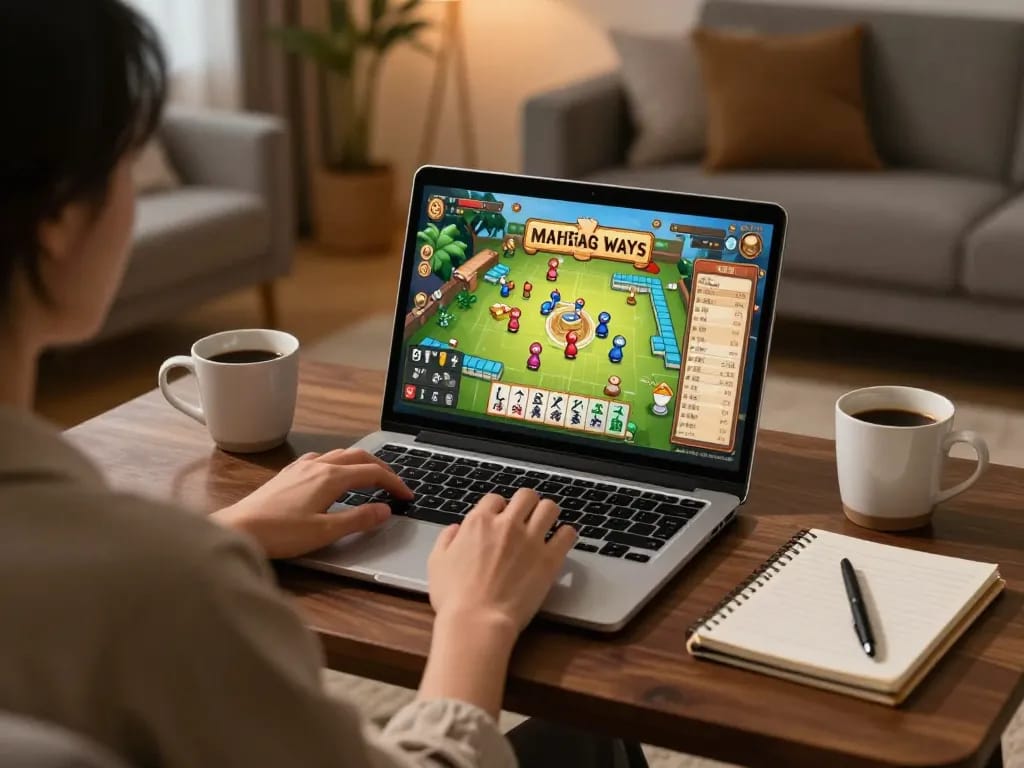 Gambaran permainan yang menarik menampilkan pola stabil rtp mahjong ways di laptop dengan pemain yang merencanakan strategi di rumah yang nyaman.