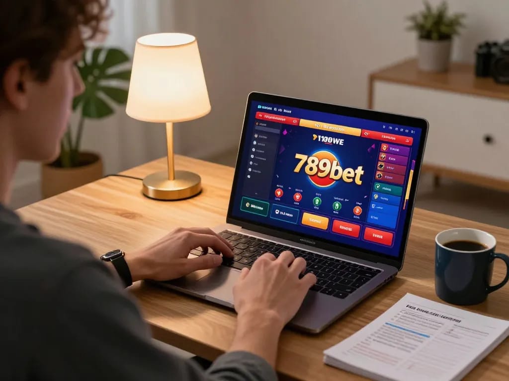 Player engaging with 789bet on laptop at home, showcasing online gaming interface and strategy notes.