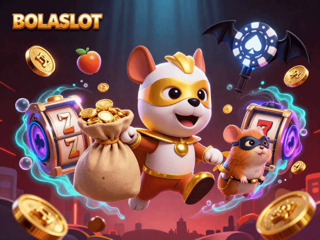 BOLASLOT superhero dog and hamster soar among vibrant slot game elements, celebrating jackpots.