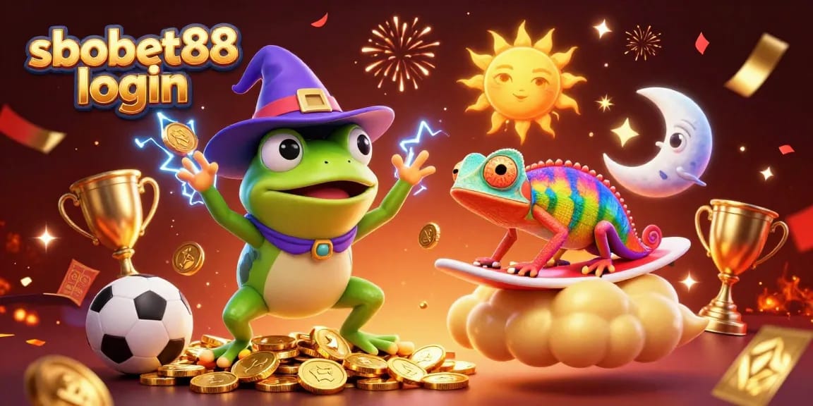 Celebrate winning with sbobet88 login in a vibrant, action-packed 3D casino scene featuring fantasy characters and sports elements.
