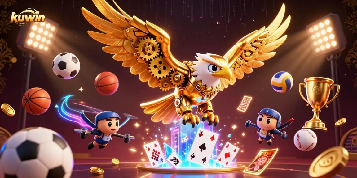 Kuwin showcases thrilling gaming with a golden eagle and dynamic sports elements in a vibrant casino atmosphere.