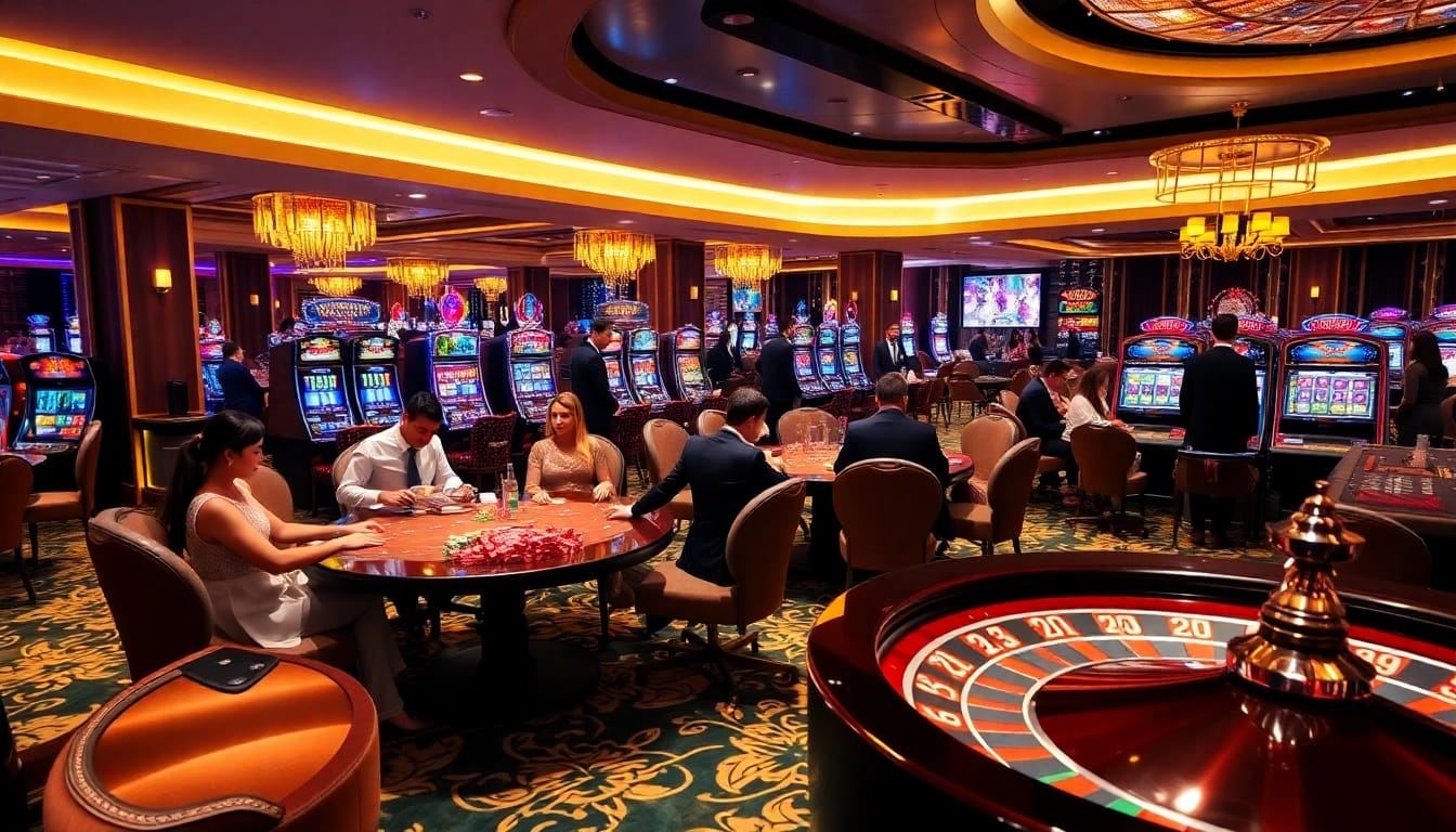 Players enjoying a vibrant kaisar888 gaming experience at an elegant casino.