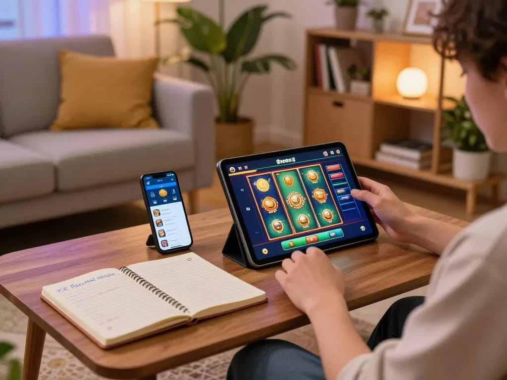 Engaged player using the boosterjp app on a tablet in a cozy home setting