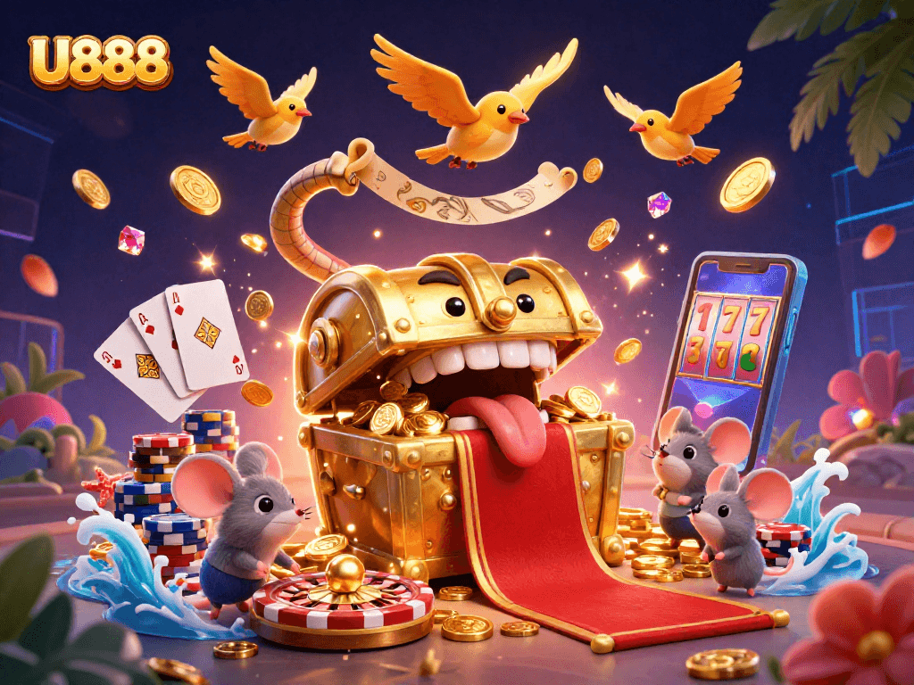 Engage in thrilling U888 experiences with golden treasure and game elements in a captivating casino scene.