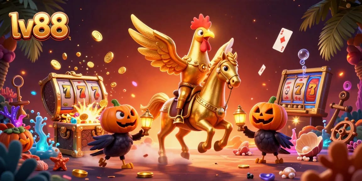Experience exciting gameplay at lv88 with a golden rooster and companions in a vibrant casino scene.