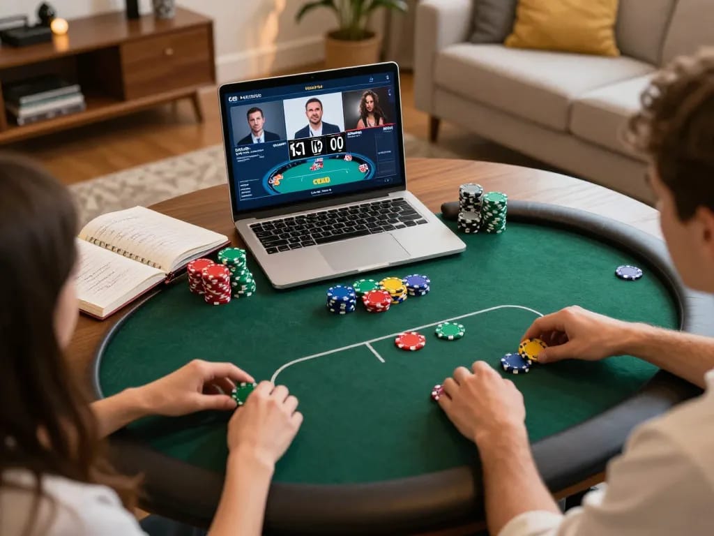 LIGALGO online poker gameplay displayed on a laptop, showcasing strategic betting and colorful chips.