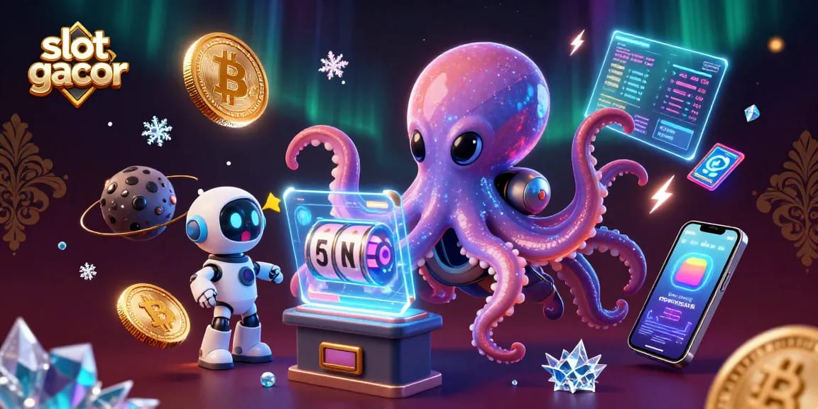 Menangkan slot gacor dengan alien gurita yang bermain mesin slot futuristik, dikelilingi oleh koin crypto.