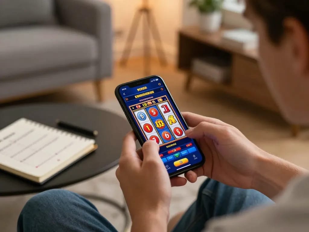 Experience sunwin gaming with a smartphone in a cozy home setting, showcasing a mobile casino game.