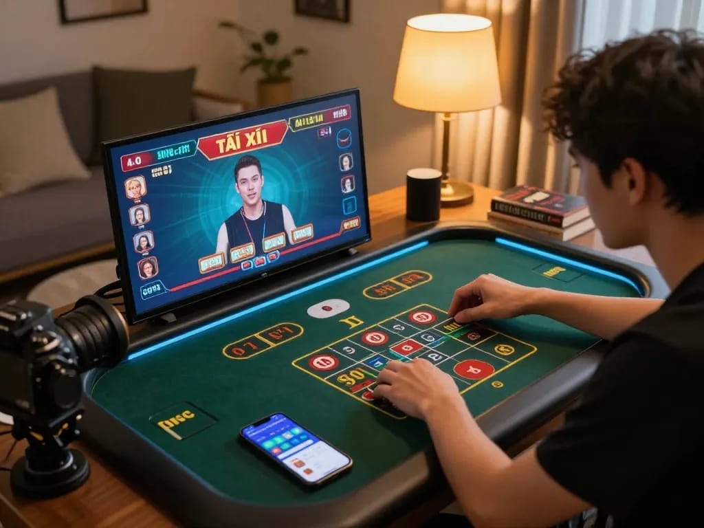 Tài Xỉu online gaming session in a cozy home setting, player engaged with live dealer interface.