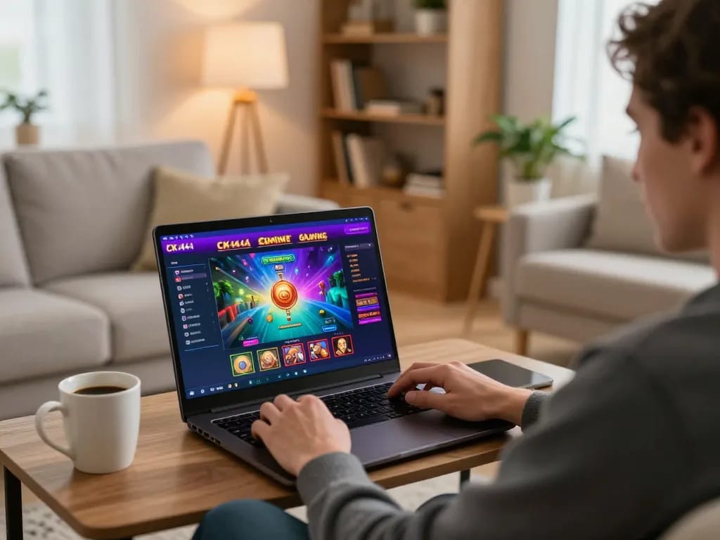 Engaging in online gaming with CK444 platform showcasing vibrant graphics on laptop screen.