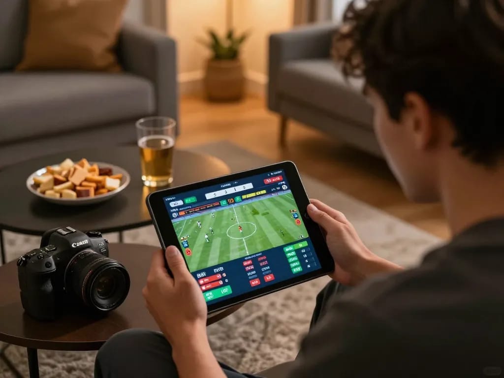SC88 player betting on sports through tablet in a cozy home setup, showcasing a relaxed gaming atmosphere