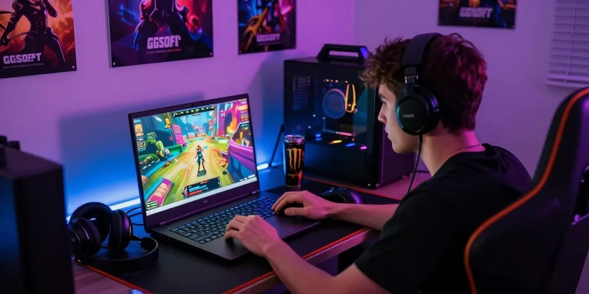 Gamer bermain Gila 138 di laptop dengan akses VIP PASS dan suasana permainan yang seru.
