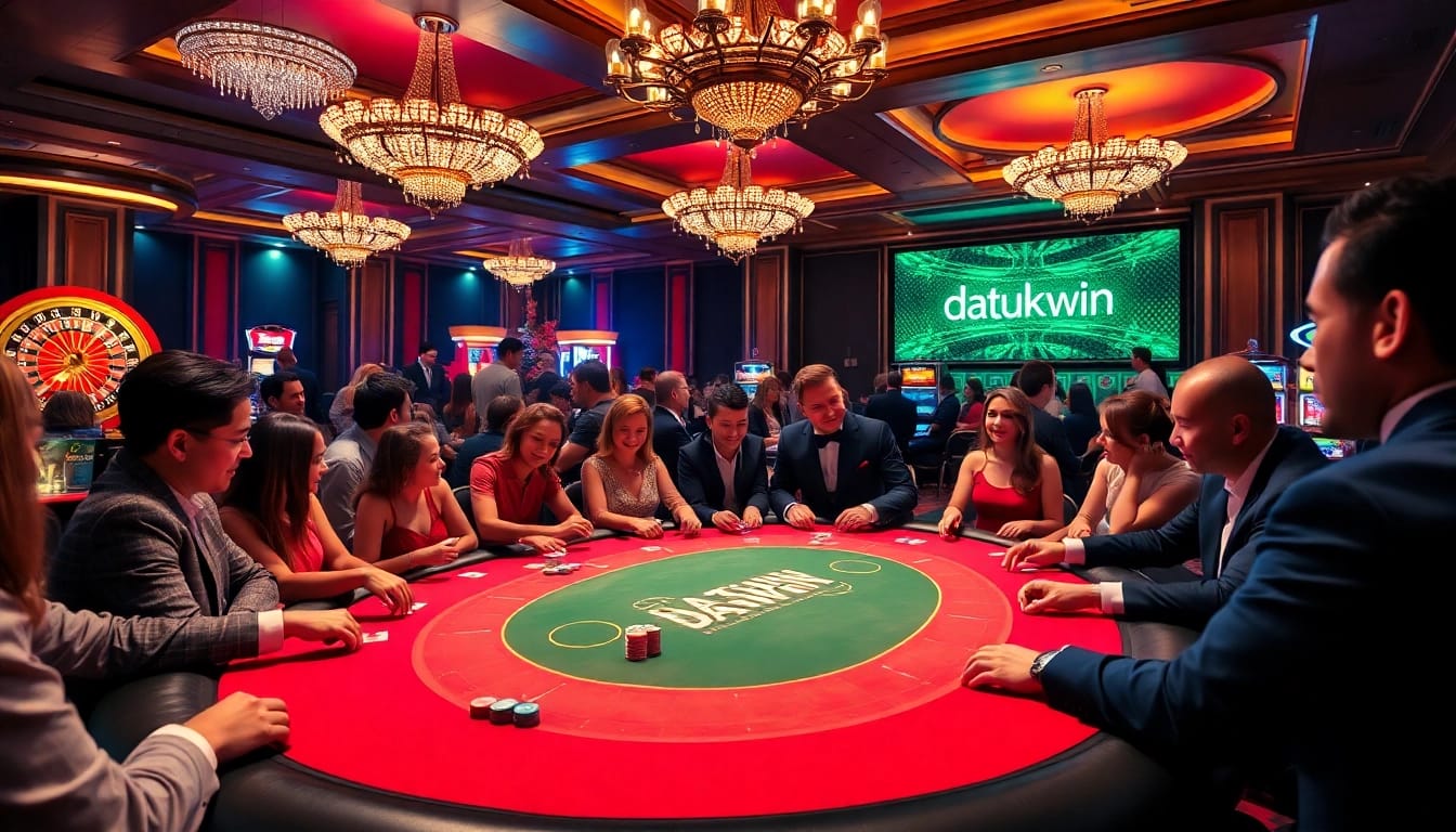 Menggambarkan pemain di meja poker kasino Datukwin dengan chip berwarna-warni dan kartu.