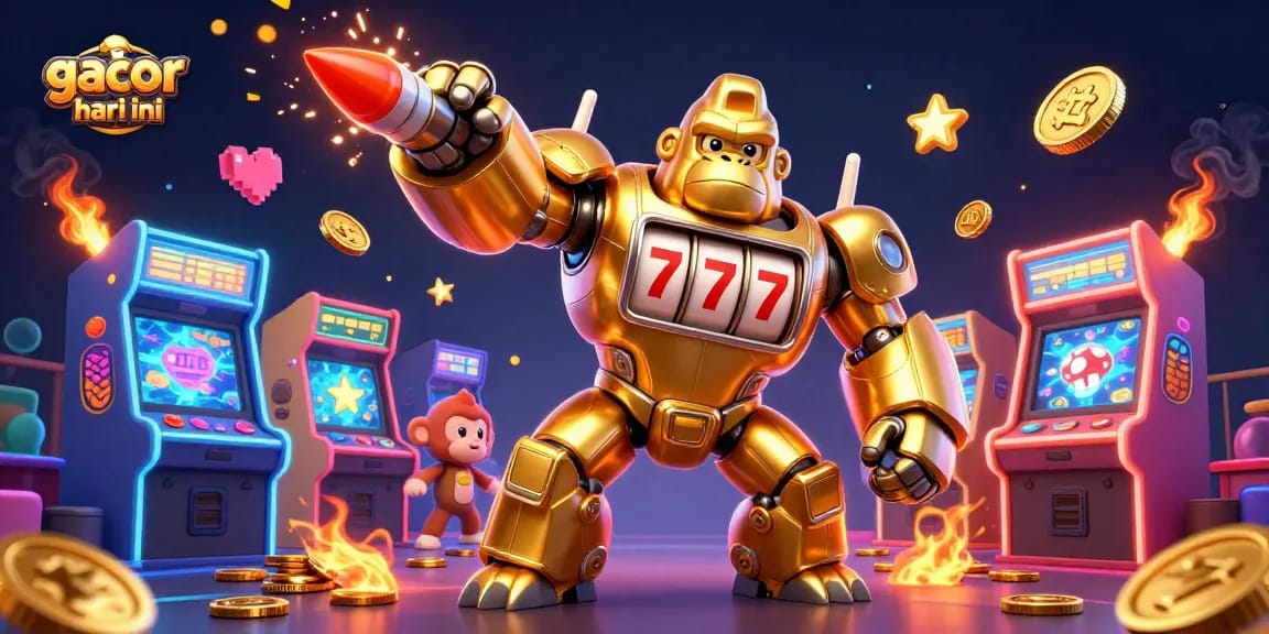 Play exciting slot gacor hari ini with a unique golden gorilla mech character and vibrant arcade elements.