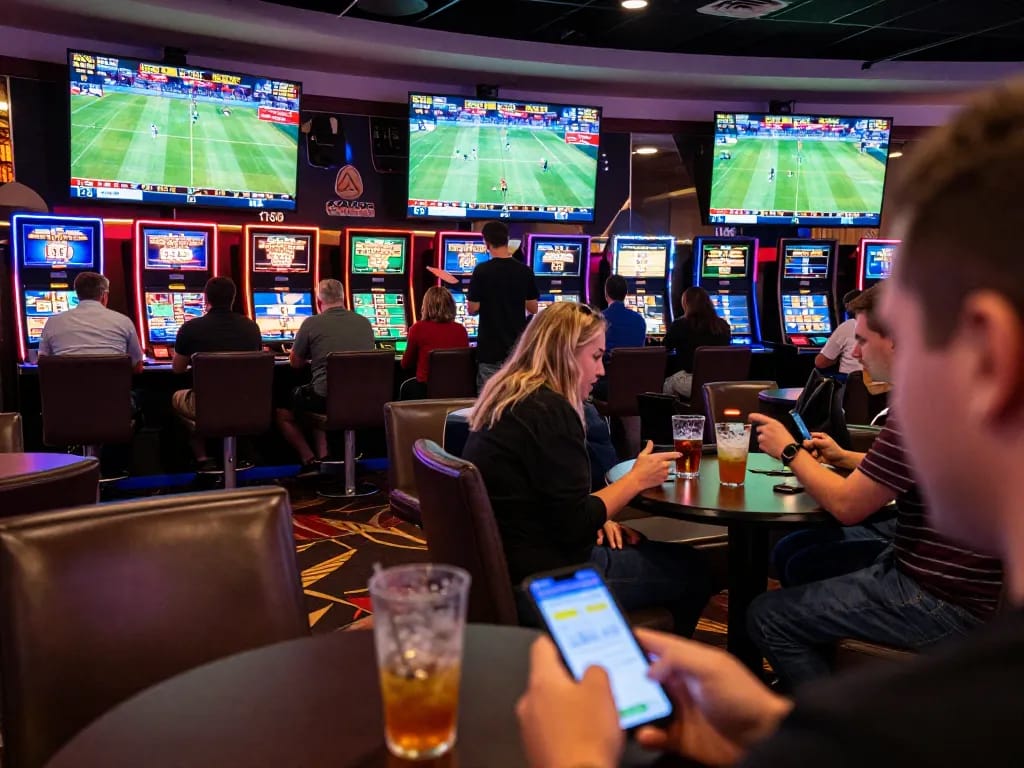 C168 casino sports betting area with excited fans placing wagers via mobile app.