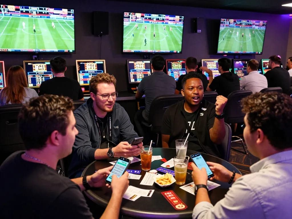 Engaging sports betting atmosphere at https://gg88se.com/, showcasing excited bettors, screens with live events.