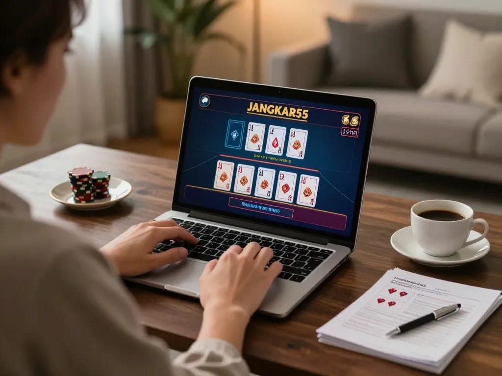 Engaging online blackjack session at JANGKAR55 with live cards being dealt and detailed strategy notes visible