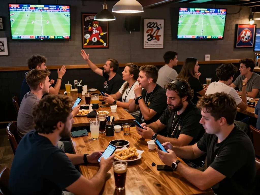 Tỷ lệ kèo nhà cái hôm nay shown on screens in an energetic sports bar as fans engage in live betting.