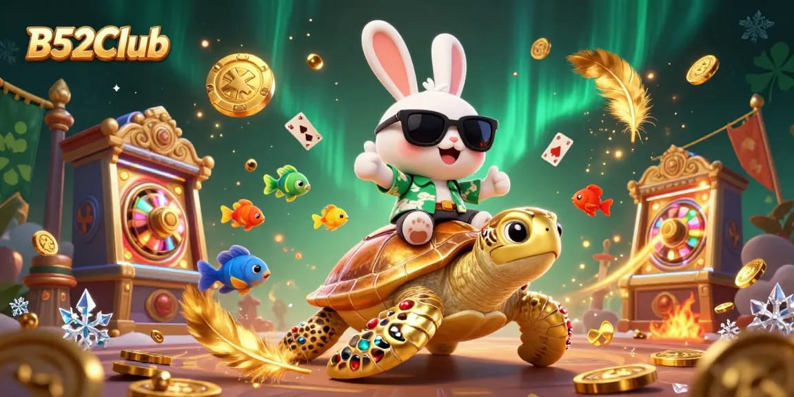 Join the excitement at B52Club with the lucky rabbit and sea turtle in a vibrant casino adventure.