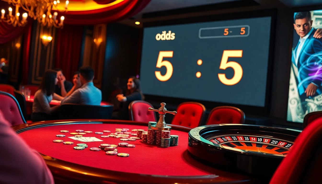 Kèo nhà cái 5: Luxurious casino scene showcasing poker, roulette, and betting excitement.