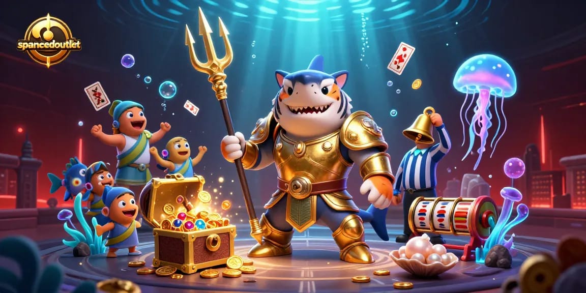 Engage in winning strategies at spacedoutlet, featuring a fierce tiger shark and immersive casino elements.