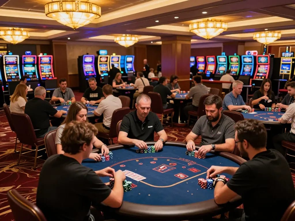 Players engaging in intense poker gameplay at a luxurious casino while aiming for ZEUS222.
