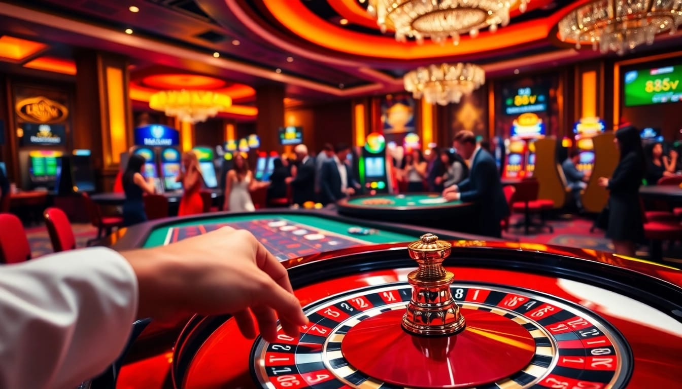 Betting at a vibrant casino with 88vv theme, showcasing roulette and poker.