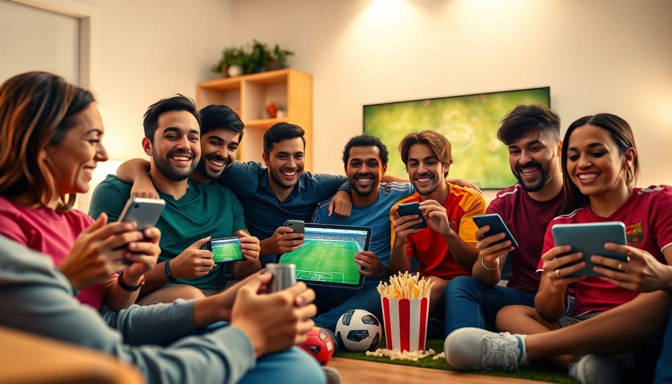 Xoilac TV live football streaming scene with excited fans watching on various devices
