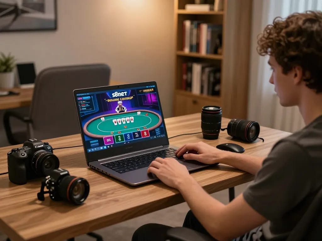 Player engaging with s8net online poker game at a stylish desk, showcasing a vibrant atmosphere