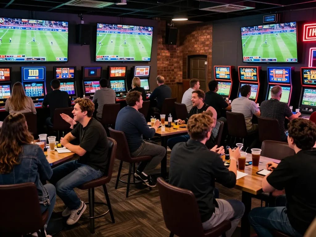 Engaged bettors at a sports lounge using mpoid for improved betting strategy during live game events.
