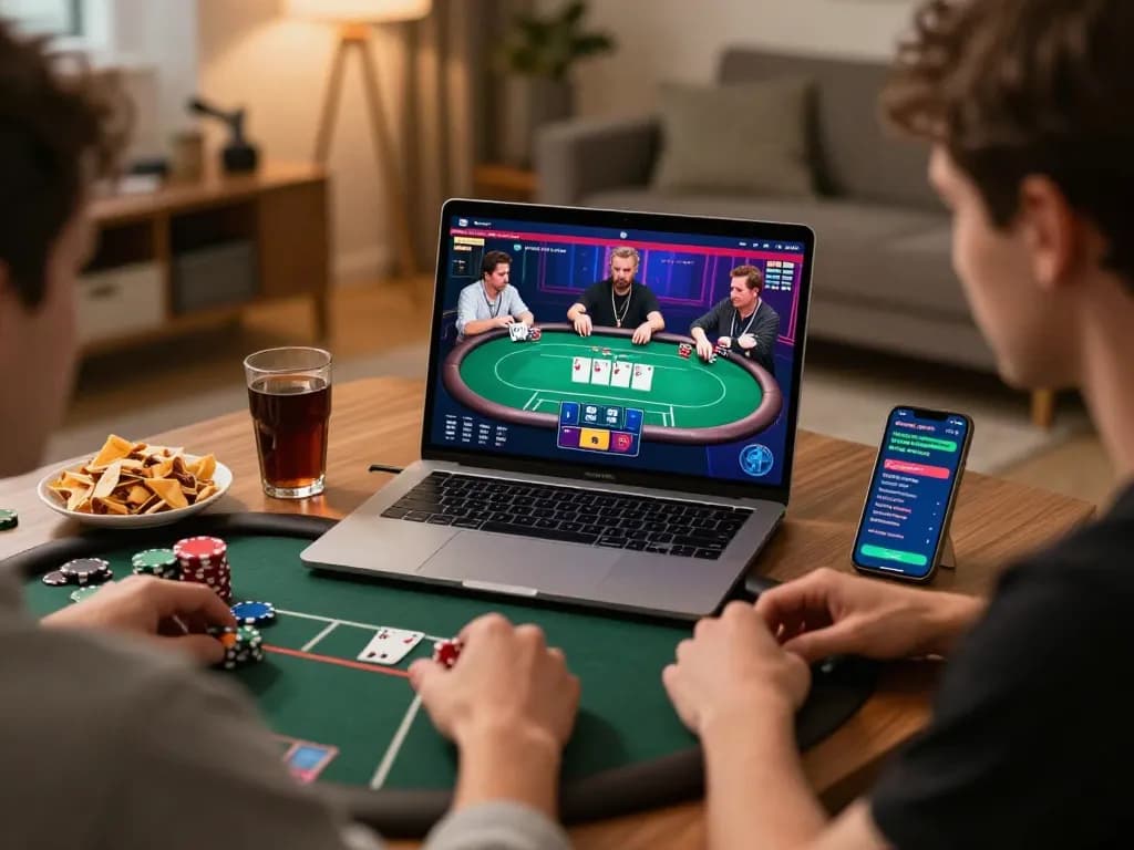 Orang menggunakan aplikasi poker online alexis500 dengan antarmuka permainan yang hidup dan minuman di dekatnya.