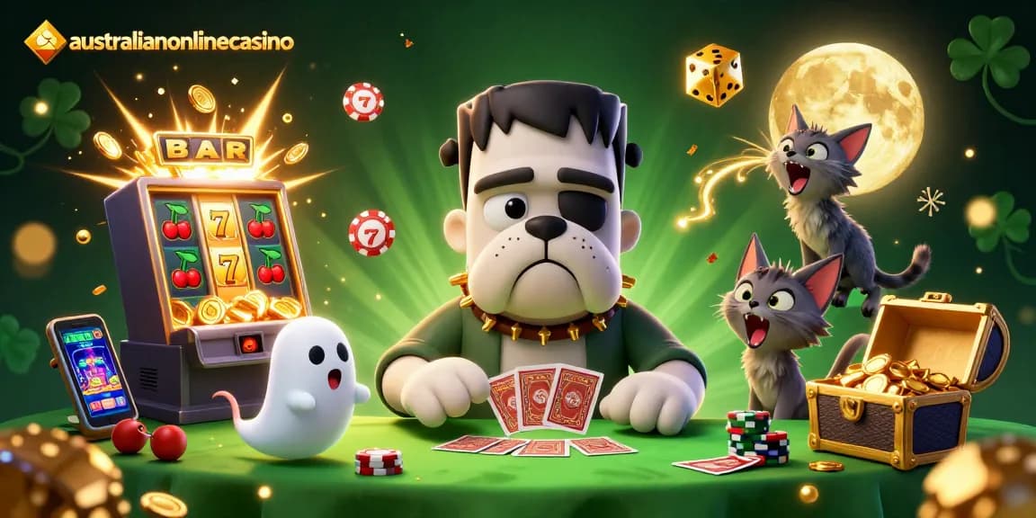 Experience thrilling gameplay at australianonlinecasino with a lively scene of a bulldog dealer and festive casino elements.