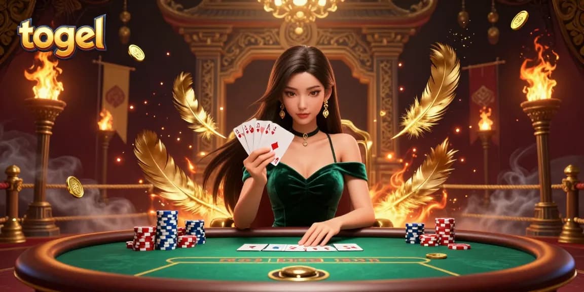 Engage with togel through a captivating poker scene featuring an elegant Asian woman, luxury poker elements, and dynamic golden effects.
