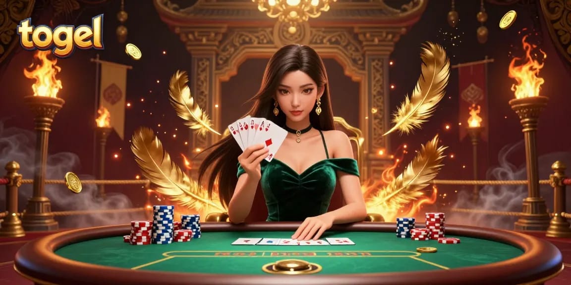 Engage with togel through a captivating poker scene featuring an elegant Asian woman, luxury poker elements, and dynamic golden effects.