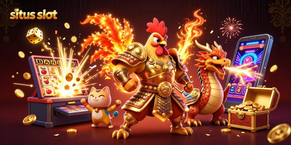Watch the situs slot jackpot explode in this dynamic casino illustration featuring a rooster warrior and a dragon hatchling.