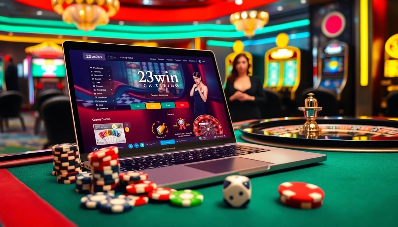 Experience the thrill of 23win with professional dealers and vibrant casino elements.