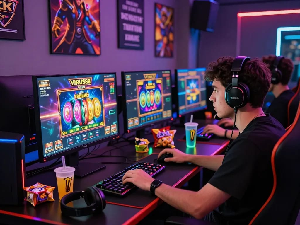 Setup permainan online yang menarik dengan layar slot VIRUS88 dan pencahayaan yang cerah.