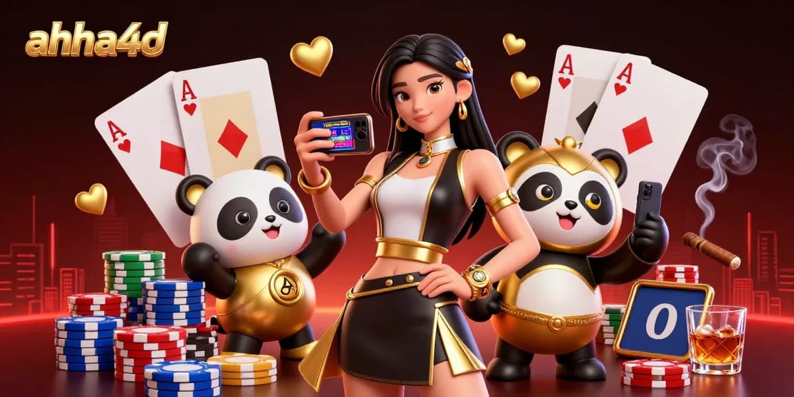 Win big with ahha4d as an Asian woman engages in thrilling casino gaming surrounded by vibrant elements.