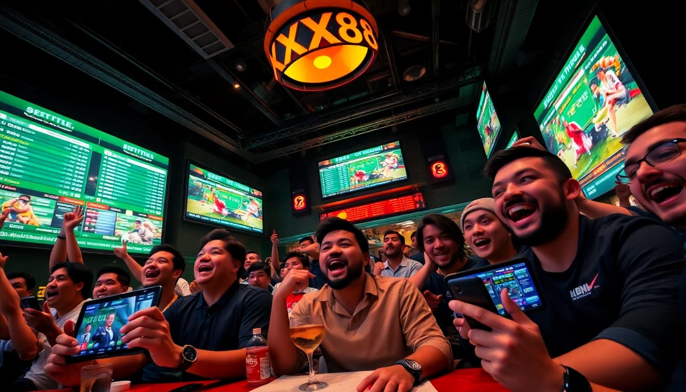 Dynamic betting scene featuring excited spectators engaging with XX88 live sports events.