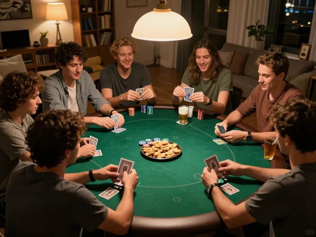 Players engage in a lively poker game night at home, showcasing the o8 gaming experience with friends.