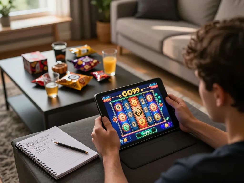Player engaging in GO99 online gaming with tablet showcasing vibrant slot machine action