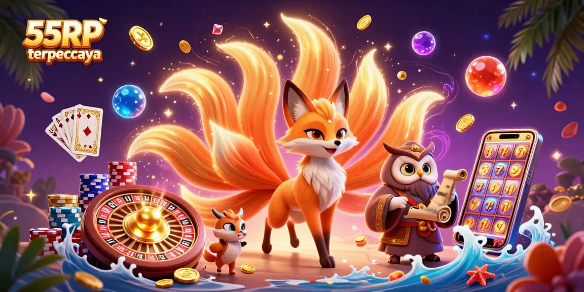 Experience thrilling gameplay with 55RP terpercaya and vibrant casino elements in an immersive illustration.