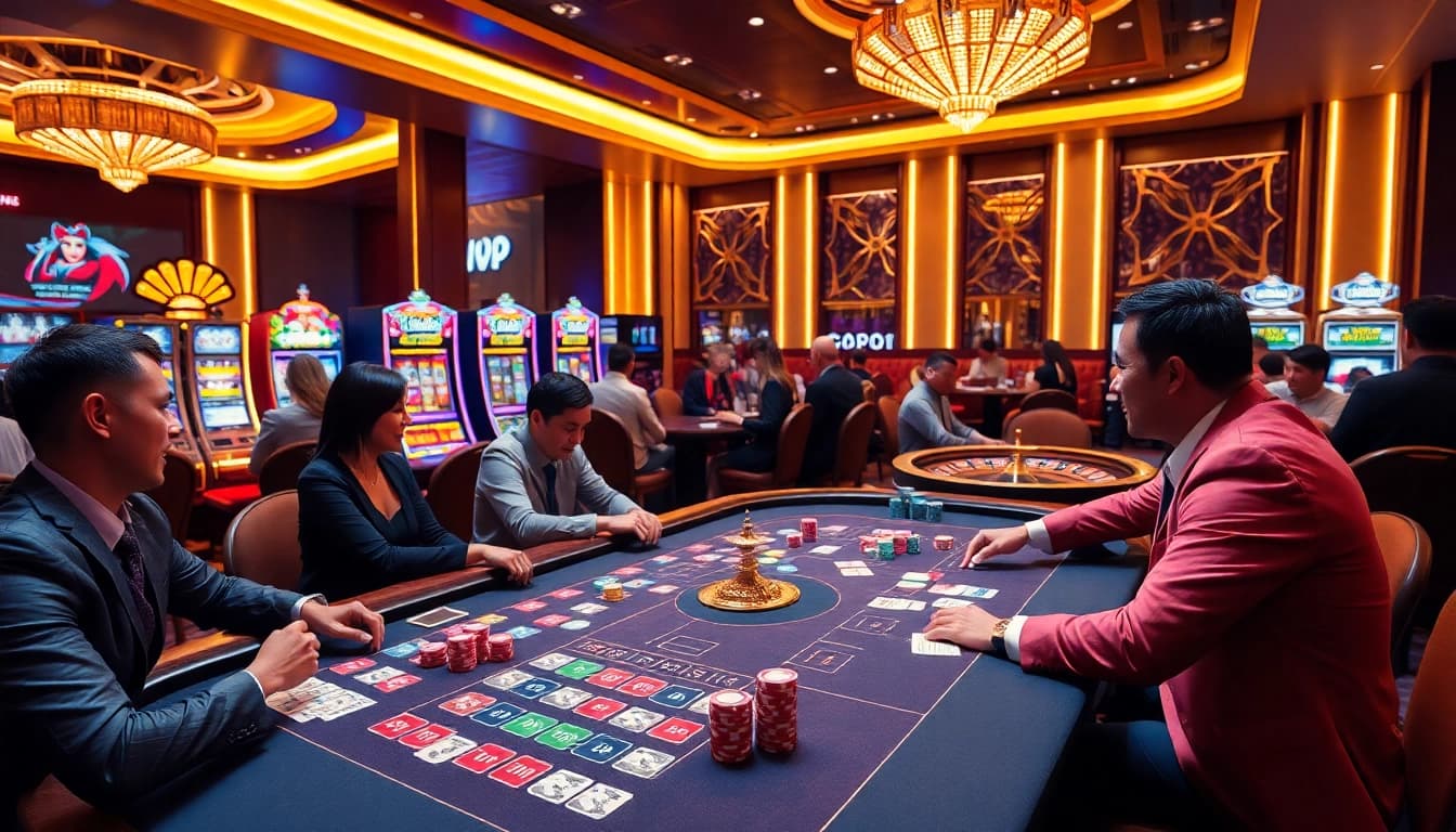 Exciting RR88 58k gaming scene with vibrant casino tables and dynamic players celebrating wins.