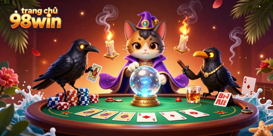 Engage with the vibrant world of trang chủ 98win, featuring a mystical cat and a devilish raven amidst rich casino elements.