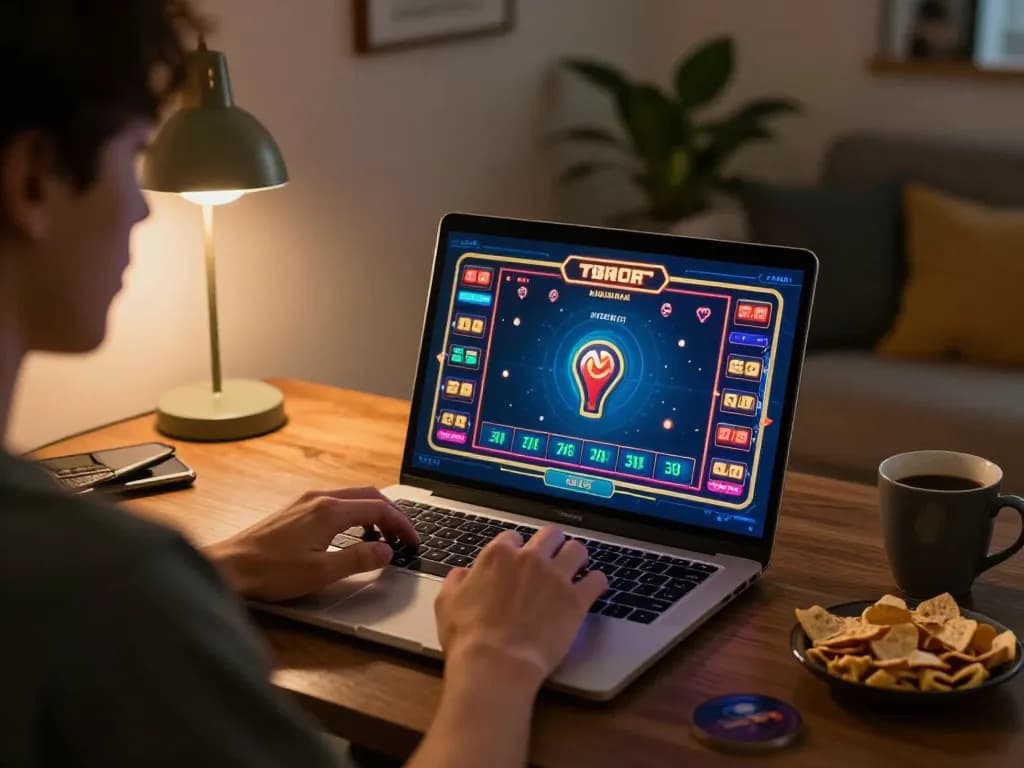 Bermain game online dengan JALATOGEL di laptop dalam suasana ruang tamu yang nyaman.