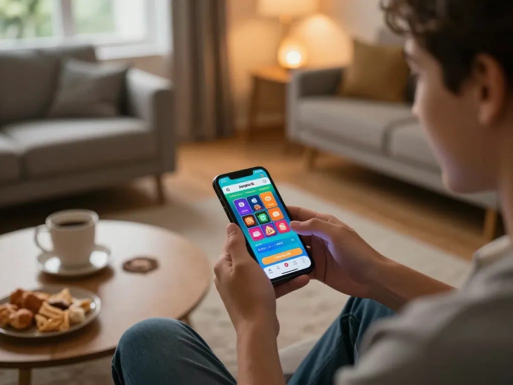 Engaging gameplay on jangkar55 sports betting app displayed on smartphone in cozy home setting