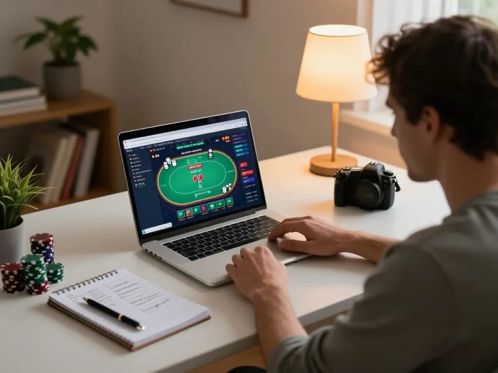 Player engaging in online poker at home with LGOSUPER, showcasing strategic moves and cozy environment
