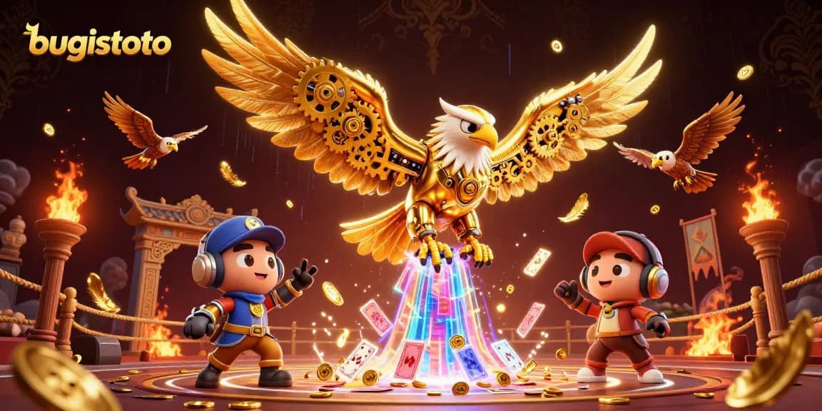Bugistoto mempersembahkan ilustrasi kasino dengan elang cybernetic dan kartu holografik menarik.