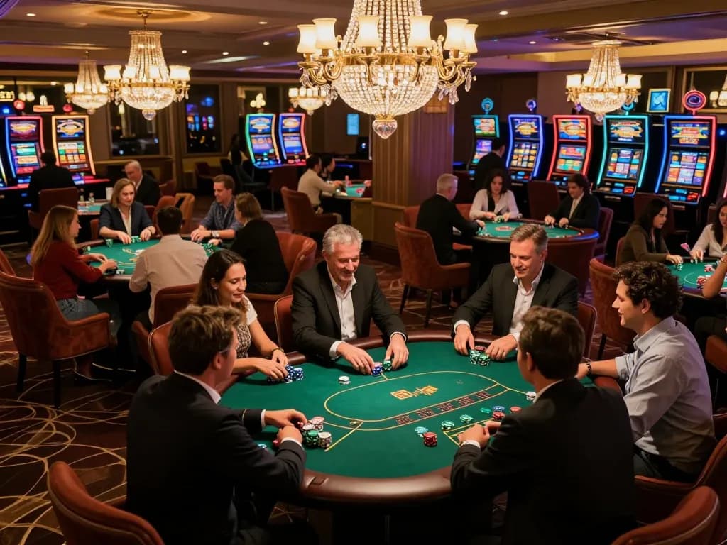 A lively gaming evening at alo88 eu com featuring a high-stakes poker game amidst a vibrant casino atmosphere.